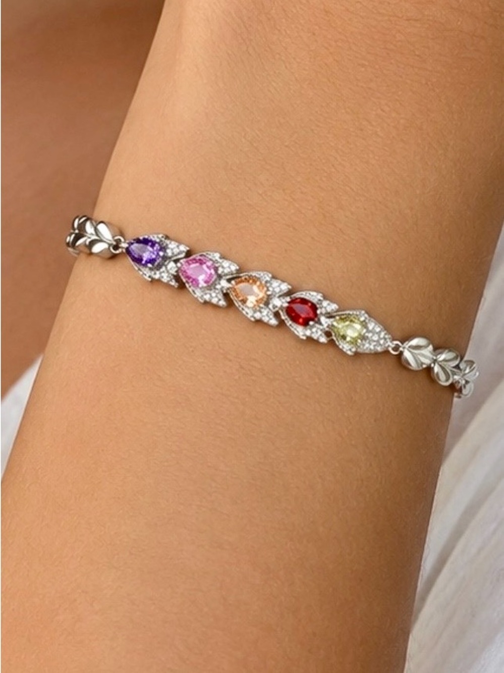 NEW! 14k White Gold Plated Multi-Gemstone Bracelet with Colorful Teardrop Stones